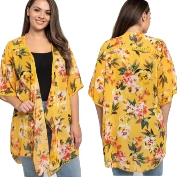 EMORY PARK Stitch Fix Landry Crochet Trim Open Kimono Yellow Floral Size Med New - Picture 1 of 8